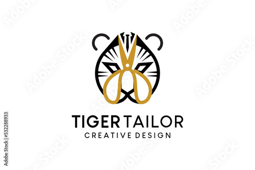 Tailor logo design with scissors and tiger head vector illustration concept