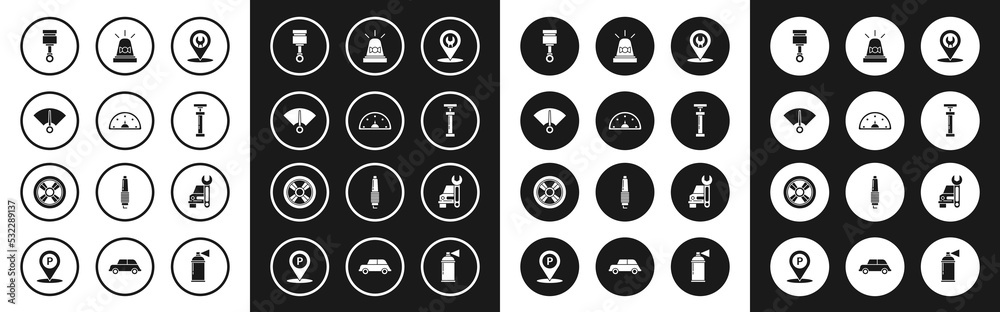 Set Car service, Speedometer, Engine piston, , Flasher siren, and wheel icon. Vector