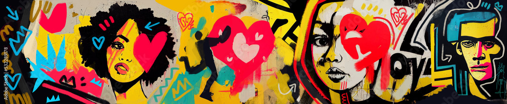 fresco of portrait on wall graffiti street art. grunge graffiti colorful and love. - obrazy, fototapety, plakaty 