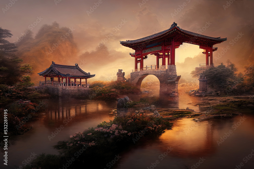 Fantasy landscape, Chinese bridge between the islands, an ancient settlement, a bridge above the river, a beautiful landscape, sunset. 3D Illustration