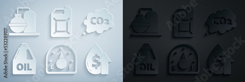 Set Motor gas gauge, CO2 emissions in cloud, Canister for motor machine oil, Oil price increase, gasoline and and industrial factory building icon. Vector