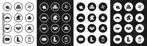 Set Japanese ninja shuriken, Chinese fortune cookie, Rice bowl with chopstick, Khinkali on cutting board, Sushi, Dumpling and Bowl of hot soup icon. Vector