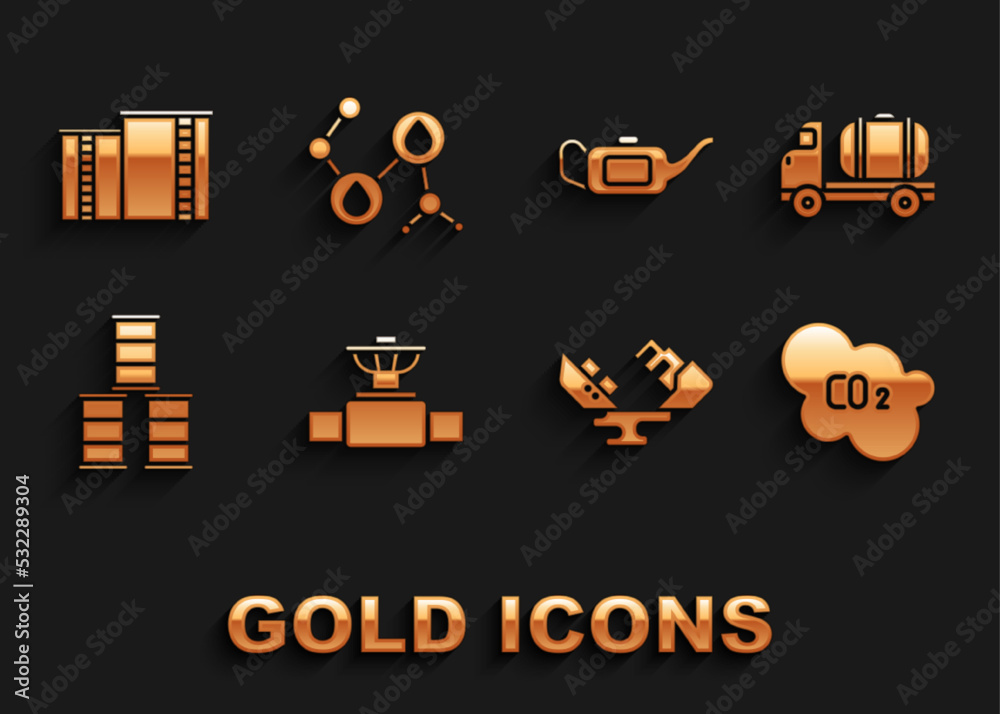 Set Industry pipe and valve, Tanker truck, CO2 emissions in cloud, Wrecked oil tanker ship, Barrel, Canister for motor, Oil industrial factory building and Molecule icon. Vector Set Industry pipe and valve, Tanker truck, CO2 emissions in cloud, Wrecked oil tanker ship, Barrel, Canister for motor, Oil industrial factory building and Molecule icon. Vector