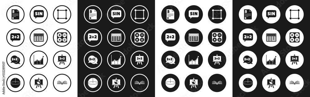 Set Geometric figure Square, Calculator, Equation solution, Test exam sheet, Mathematics function sine, Chalkboard and icon. Vector Set Geometric figure Square, Calculator, Equation solution, Test exam sheet, Mathematics function sine, Chalkboard and icon. Vector