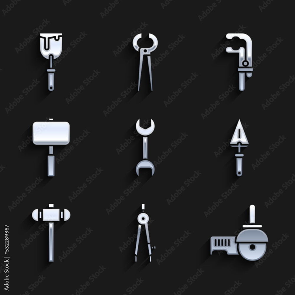 Set Wrench spanner, Drawing compass, Angle grinder, Trowel, Sledgehammer, Clamp tool and Putty knife icon. Vector Set Wrench spanner, Drawing compass, Angle grinder, Trowel, Sledgehammer, Clamp tool and Putty knife icon. Vector