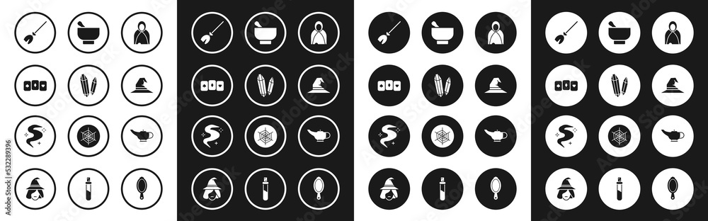 Set Mantle, cloak, cape, Magic stone, Playing cards, Witches broom, hat, mortar and pestle, lamp Aladdin and fog smoke icon. Vector