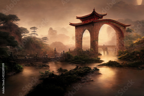 Fantasy landscape, Chinese bridge between the islands, an ancient settlement, a bridge above the river, a beautiful landscape, sunset. 3D Illustration