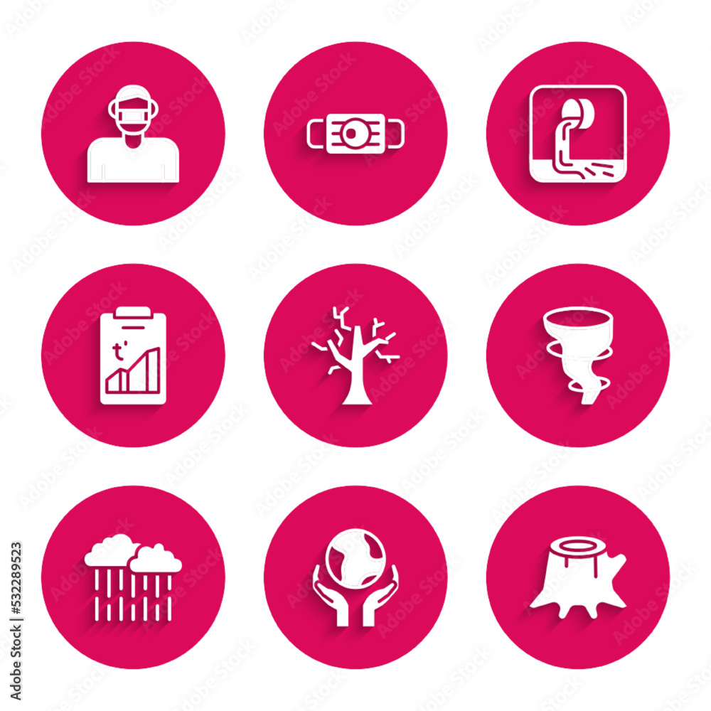 Set Withered tree, Hands holding Earth globe, Tree stump, Tornado, Cloud with rain, Global warming, Wastewater and Face protective mask icon. Vector Set Withered tree, Hands holding Earth globe, Tree stump, Tornado, Cloud with rain, Global warming, Wastewater and Face protective mask icon. Vector