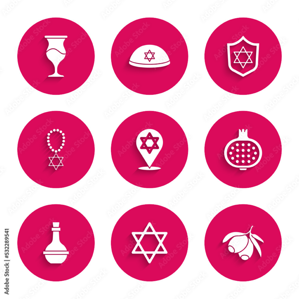 Set Star of David, Olives branch, Pomegranate, Jewish wine bottle, necklace on chain, Shield with and goblet icon. Vector Set Star of David, Olives branch, Pomegranate, Jewish wine bottle, necklace on chain, Shield with and goblet icon. Vector