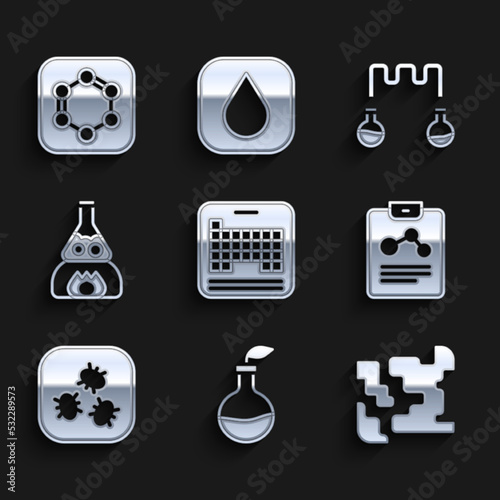 Set Periodic table, Plant breeding, Gaseous, Chemistry report, Bacteria, Test tube flask on fire, and and Formula of benzene rings icon. Vector