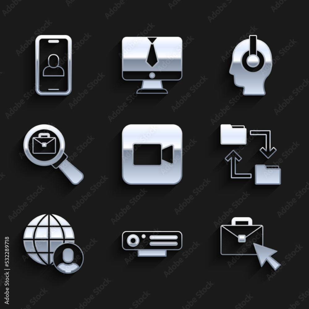 Set Camera, Web camera, Online working, Cloud storage document folder, Freelancer, Magnifying glass with briefcase, and Video chat conference icon. Vector Set Camera, Web camera, Online working, Cloud storage document folder, Freelancer, Magnifying glass with briefcase, and Video chat conference icon. Vector