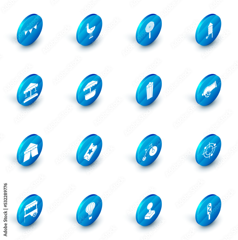 Set Riding kid duck, Lollipop, Firework rocket, Attraction carousel, Circus tent, Cannon and Popcorn cardboard box icon. Vector Set Riding kid duck, Lollipop, Firework rocket, Attraction carousel, Circus tent, Cannon and Popcorn cardboard box icon. Vector