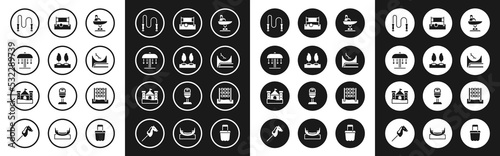 Set Swing boat, Forest, Attraction carousel, Jump rope, Skate park, Volleyball net with ball, Tic tac toe game and Sand castle icon. Vector