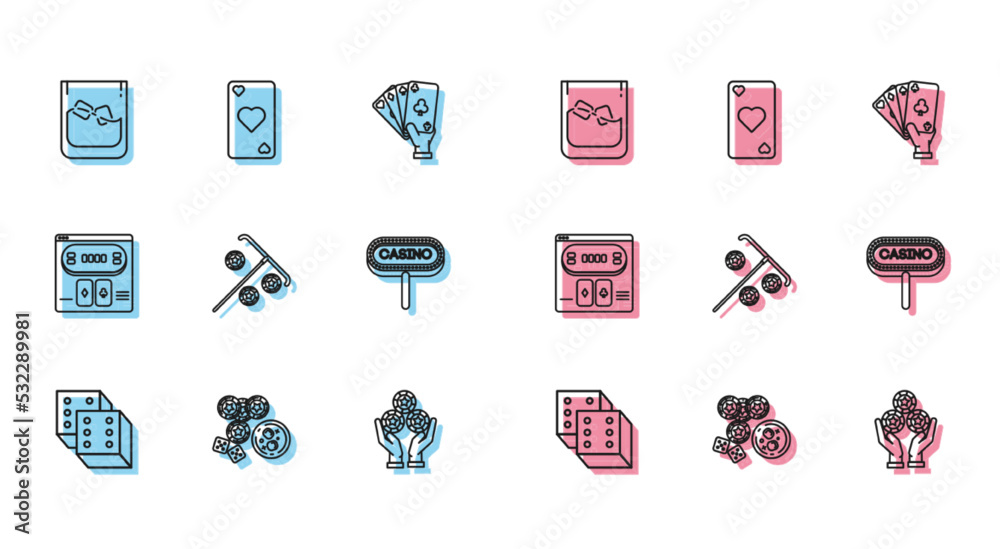 Set line Game dice, Casino chips, game and glass of whiskey with cubes, Glass, Hand holding casino, Stick for, signboard, Online poker table and Playing card heart symbol icon. Vector Set line Game dice, Casino chips, game and glass of whiskey with cubes, Glass, Hand holding casino, Stick for, signboard, Online poker table and Playing card heart symbol icon. Vector