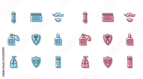 Set line Aftershave, Mustache and beard on shield, Classic Barber shop pole, Shaving gel foam, Scissors hairdresser, and Cream lotion cosmetic jar icon. Vector