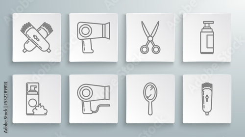 Set line Shaving gel foam, Hair dryer, Hand mirror, Electrical hair clipper shaver, Scissors hairdresser, Cream lotion cosmetic tube and Crossed electrical icon. Vector