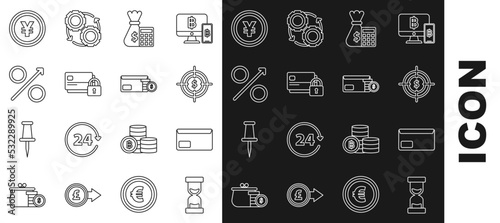 Set line Old hourglass with flowing sand, Envelope, Target dollar symbol, Calculator money bag, Credit card lock, Percent up arrow, Coin Yen and coin icon. Vector