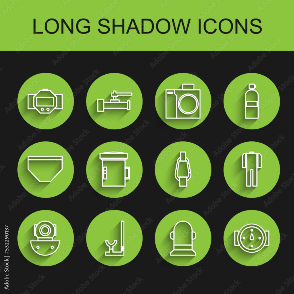 Set line Aqualung, Snorkel, Diving watch, Buoy, Wind rose, Big flashlight for diver, Wetsuit scuba diving and Carabiner icon. Vector Set line Aqualung, Snorkel, Diving watch, Buoy, Wind rose, Big flashlight for diver, Wetsuit scuba diving and Carabiner icon. Vector