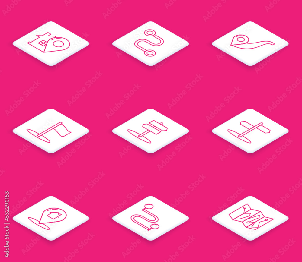 Set line Map pointer with house, Route location, Flag, Road traffic sign, and icon. Vector Set line Map pointer with house, Route location, Flag, Road traffic sign, and icon. Vector