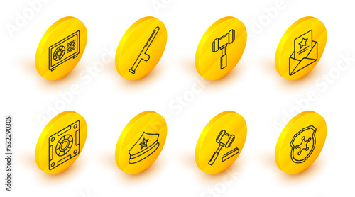 Set line Police badge, Judge gavel, cap with cockade, Safe, The arrest warrant, rubber baton and icon. Vector