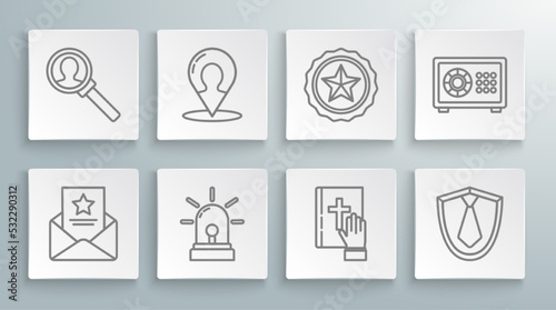 Set line The arrest warrant, Map marker with silhouette of person, Flasher siren, Oath the Holy Bible, Tie, Police badge, Safe and Magnifying glass for search icon. Vector
