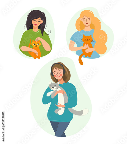 A set of girls with their cats. The girl hugs, caresses, plays with a cat. Cat lovers hold their pets in their arms. Vector flat illustration. Design for banner, postcard, poster, brochure.