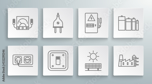 Set line Electrical outlet, plug, light switch, Solar energy panel and sun, Power station plant factory, Battery and Ampere meter, multimeter, voltmeter icon. Vector