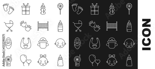 Set line Baby bottle, Happy little boy head, hands print, stroller, footprints and crib cradle bed icon. Vector