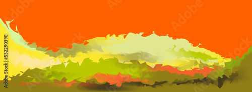 Abstract liquid watercolor yellow green splash paint on bright orange trippy background. Copy space. Ink water. Luxury royal autumn backdrop. Poster. Color gradient. Fall card design. Template. Flyer.