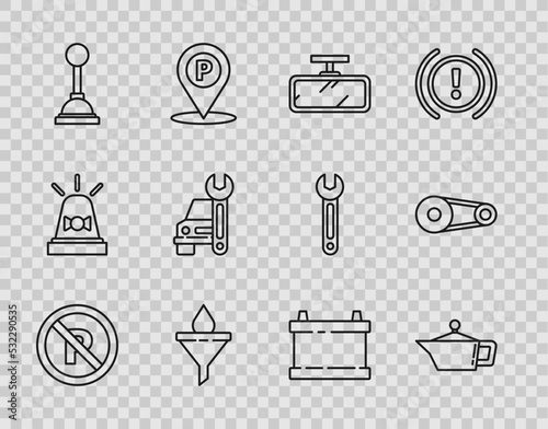 Set line No Parking or stopping, Canister for motor machine oil, Car mirror, Funnel filter and drop, Gear shifter, service, battery and Timing belt kit icon. Vector