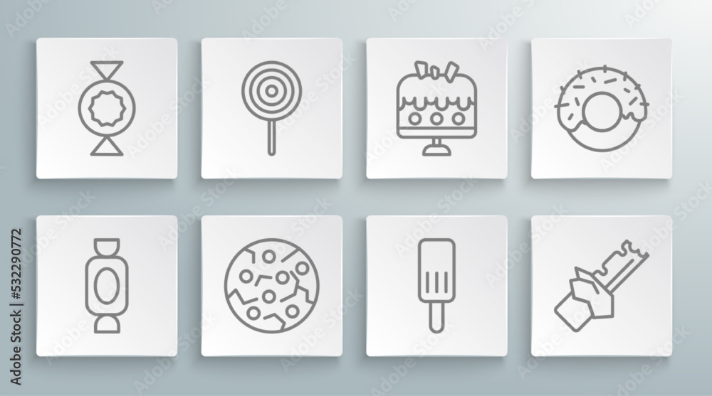 Set line Candy, Lollipop, Cookie or biscuit, Ice cream, Bitten chocolate bar, Cake on plate, Donut and icon. Vector Set line Candy, Lollipop, Cookie or biscuit, Ice cream, Bitten chocolate bar, Cake on plate, Donut and icon. Vector