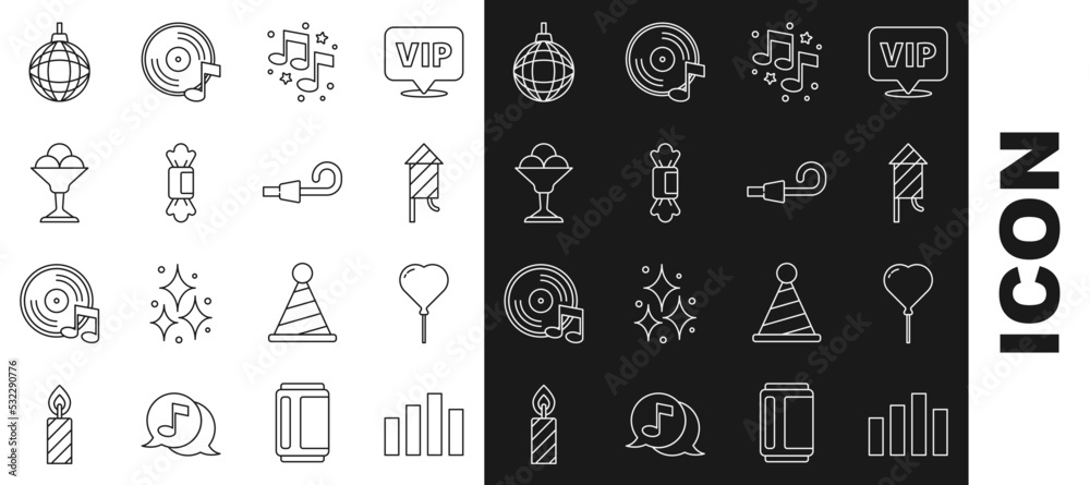 Set line Music equalizer, Balloon in form of heart, Firework rocket, note, tone, Candy, Ice cream bowl, Disco ball and Birthday party horn icon. Vector