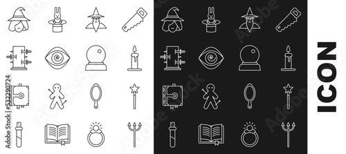 Set line Neptune Trident, Magic wand, Burning candle in candlestick, Wizard warlock, Hypnosis, Trunk for magic tricks, Witch and ball icon. Vector