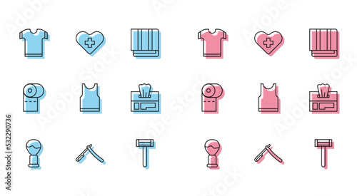 Set line Shaving brush, Straight razor, T-shirt, Sleeveless, Wet wipe pack, Toilet paper roll and Heart with cross icon. Vector