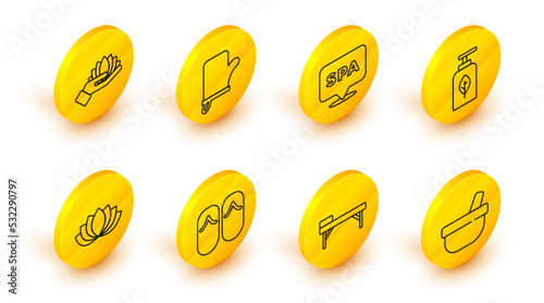 Set line Mortar and pestle, Massage table, Flip flops, Lotus flower, Essential oil bottle, Spa salon, Sauna mittens and icon. Vector