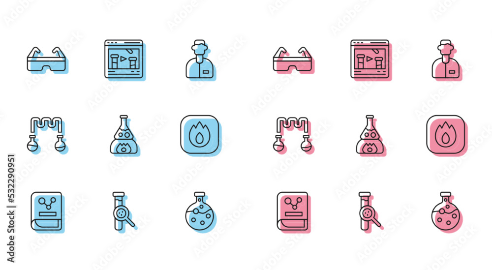 Set line Chemistry book, Test tube and flask, Safety goggle glasses, on fire, Fire flame, and Chemical online icon. Vector Set line Chemistry book, Test tube and flask, Safety goggle glasses, on fire, Fire flame, and Chemical online icon. Vector