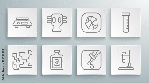 Set line Gaseous, mask, Poison in bottle, Test tube and flask, fire, Salt stone, and Electronic scales icon. Vector