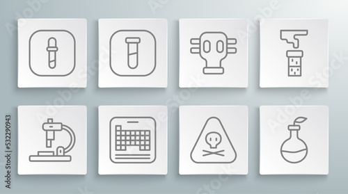 Set line Microscope, Test tube and flask, Periodic table, Triangle warning toxic, Plant breeding, Gas mask, and Pipette icon. Vector