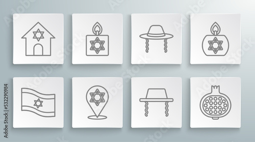 Set line Flag of Israel, Burning candle, Star David, Orthodox jewish hat, Pomegranate, and Jewish synagogue icon. Vector