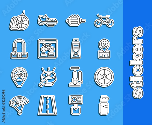 Set line Sport bottle with water, Bicycle wheel, repair service, pedal, rental mobile app, lock, parking and Sunscreen cream tube icon. Vector