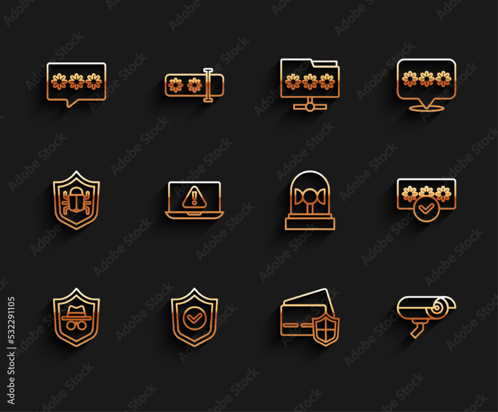Set line Incognito mode, Shield with check mark, Password protection, Credit card shield, Security camera, Laptop exclamation, and Flasher siren icon. Vector Set line Incognito mode, Shield with check mark, Password protection, Credit card shield, Security camera, Laptop exclamation, and Flasher siren icon. Vector