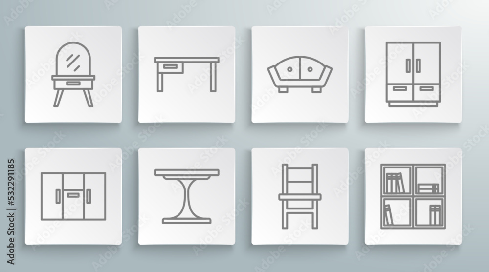 Set line Wardrobe, Office desk, Round table, Chair, Shelf with books, Sofa, and Dressing icon. Vector Set line Wardrobe, Office desk, Round table, Chair, Shelf with books, Sofa, and Dressing icon. Vector