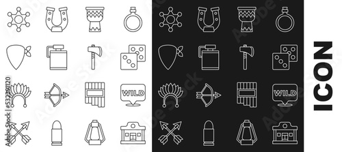 Set line Wild west saloon, Pointer to wild, Game dice, Drum, Canteen water bottle, Cowboy bandana, Hexagram sheriff and Tomahawk axe icon. Vector