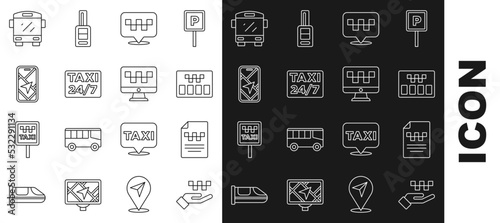 Set line Hand with taxi, Taxi driver license, Taximeter, Location, City map navigation, Bus and Computer call service icon. Vector