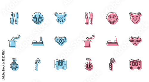 Set line Unicycle or one wheel bicycle, Birthday party horn, Bowling pin, Circus wagon, Bumper car, Monkey, Magician hat and Clown head icon. Vector