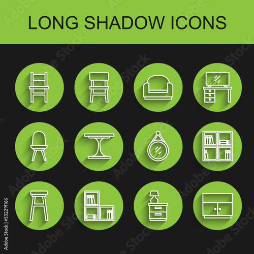 Set line Chair, Shelf with books, Furniture nightstand lamp, Wardrobe, Round table, and Mirror icon. Vector