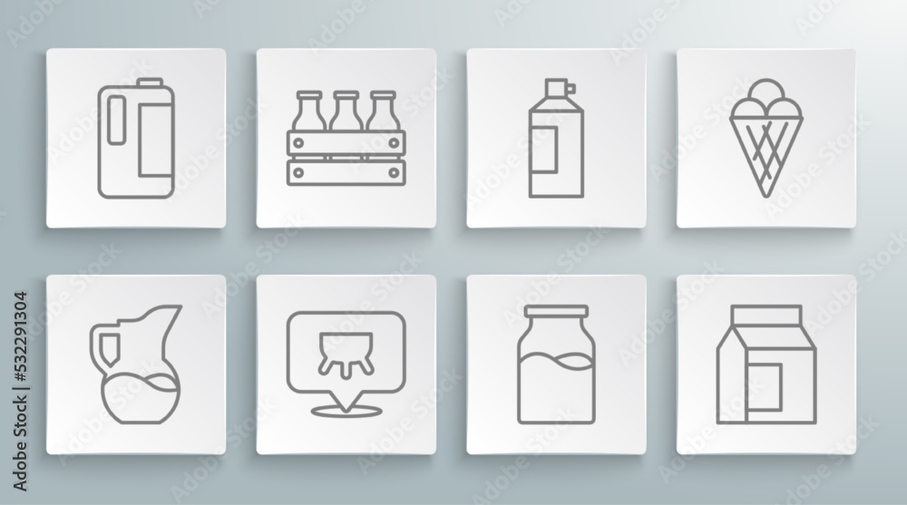Set line Milk jug or pitcher, Bottled milk in wooden box, Udder, with, Paper package for, Whipped cream bottle, Ice waffle cone and plastic icon. Vector Set line Milk jug or pitcher, Bottled milk in wooden box, Udder, with, Paper package for, Whipped cream bottle, Ice waffle cone and plastic icon. Vector