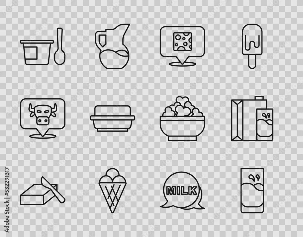 Set line Butter in a butter dish, Glass with milk, Cheese, Ice cream waffle cone, Yogurt container spoon, Lettering and Paper package for icon. Vector Set line Butter in a butter dish, Glass with milk, Cheese, Ice cream waffle cone, Yogurt container spoon, Lettering and Paper package for icon. Vector
