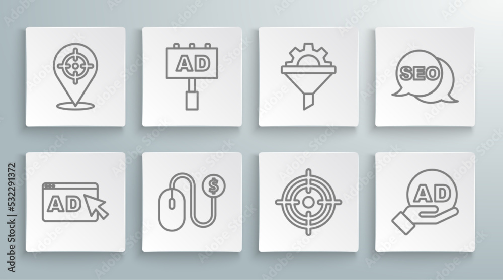 Set line Advertising, Target, Sales funnel with gear, SEO optimization and icon. Vector Set line Advertising, Target, Sales funnel with gear, SEO optimization and icon. Vector