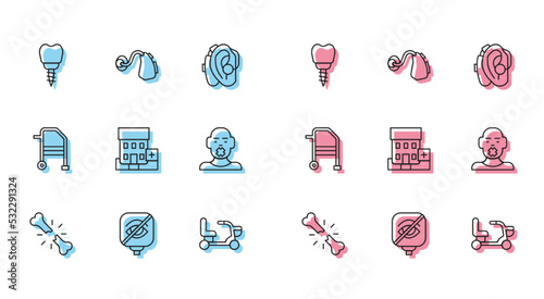 Set line Human broken bone, Blindness, Dental implant, Electric wheelchair, Medical hospital building, Head of deaf and dumb, Walker and Hearing aid icon. Vector